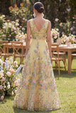 A-Line Yellow V-Neck Embroidered Long Floral Dress
