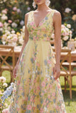 A-Line Yellow V-Neck Embroidered Long Floral Dress