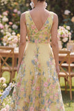 A-Line Yellow V-Neck Embroidered Long Floral Dress