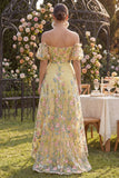 Off the Shoulder A-Line Yellow Tulle Embroidered Floral Dress with Puff Sleeves