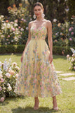 Yellow Tulle A-Line Embroidered Floral Dress