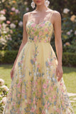Yellow Tulle A-Line Embroidered Floral Dress