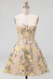 Champagne A Line Embroidered Corset Midi Floral Dress