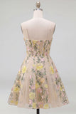 Champagne A Line Embroidered Corset Midi Floral Dress