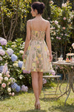 Champagne A Line Tulle Embroidered Corset Mini Cocktail Dress