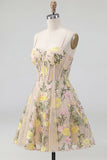 Champagne A Line Embroidered Corset Midi Floral Dress