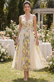 A-Line Tulle Champagne V-Neck Embroidered Floral Midi Dress