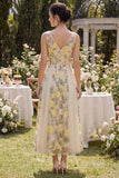 A-Line Tulle Champagne V-Neck Embroidered Floral Midi Dress