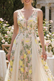 A-Line Tulle Champagne V-Neck Embroidered Floral Midi Dress