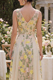A-Line Tulle Champagne V-Neck Embroidered Floral Midi Dress