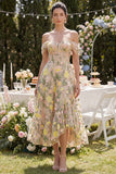 Off the Shoulder A-Line Tulle Champagne Corset Embroidered Floral Midi Dress