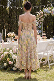 Off the Shoulder A-Line Tulle Champagne Corset Embroidered Floral Midi Dress