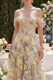 Off the Shoulder A-Line Tulle Champagne Corset Embroidered Floral Midi Dress