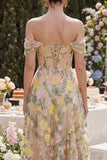 Off the Shoulder A-Line Tulle Champagne Corset Embroidered Floral Midi Dress