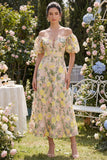 Tulle Off the Shoulder Champagne A-Line Embroidered Floral Midi Dress with Puff Sleeves