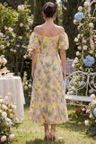 Tulle Off the Shoulder Champagne A-Line Embroidered Floral Midi Dress with Puff Sleeves