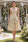 Tulle A-Line Champagne Embroidered V-Neck Corset Midi Floral Dress