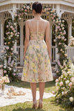 Tulle A-Line Champagne Embroidered V-Neck Corset Midi Floral Dress