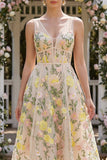 Tulle A-Line Champagne Embroidered V-Neck Corset Midi Floral Dress