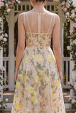 Tulle A-Line Champagne Embroidered V-Neck Corset Midi Floral Dress