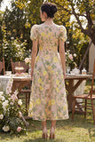 Champagne Tulle A-Line Embroidered V-Neck Floral Midi Dress with Puff Sleeves