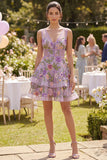 Lilac A Line Embroidered V-Neck Midi Floral Dress with Ruffles