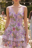 Lilac A Line Embroidered V-Neck Midi Floral Dress with Ruffles