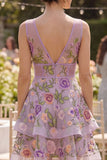 Lilac A Line Embroidered V-Neck Midi Floral Dress with Ruffles