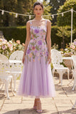 Lilac Tulle A-Line Embroidered Square Neck Floral Midi Dress