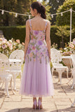 Lilac Tulle A-Line Embroidered Square Neck Floral Midi Dress