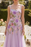 Lilac Tulle A-Line Embroidered Square Neck Floral Midi Dress