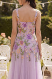 Lilac Tulle A-Line Embroidered Square Neck Floral Midi Dress