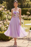 Strapless Lilac Tulle A-Line Embroidered Floral Midi Dress