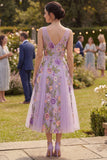 A-Line Lilac Tulle V-Neck Embroidered Midi Floral Dress