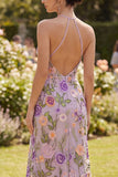 Mermaid Lilac Halter Neck Tulle Embroidered Long Floral Dress with Slit