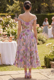 A-Line Off the Shoulder Lilac Tulle Embroidered Midi Floral Dress