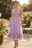 Lilac Tulle A-Line Embroidered V-Neck Midi Floral Dress
