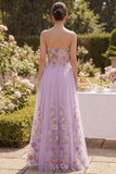 Lilac Strapless Tulle A-Line Embroidered Long Floral Dress
