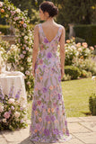 Lilac V-Neck Tulle Mermaid Embroidered Long Floral Dress with Slit
