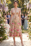 Blush V-Neck Tulle A-Line Embroidered Midi Floral Dress with Short Sleeves