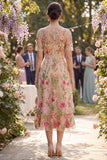 Blush V-Neck Tulle A-Line Embroidered Midi Floral Dress with Short Sleeves