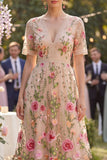 Blush V-Neck Tulle A-Line Embroidered Midi Floral Dress with Short Sleeves