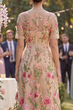 Blush V-Neck Tulle A-Line Embroidered Midi Floral Dress with Short Sleeves
