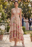 Blush V-Neck Tulle A-Line Tiered Embroidered Long Floral Dress