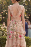 Blush V-Neck Tulle A-Line Tiered Embroidered Long Floral Dress