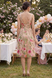 Tulle A-Line Blush V-Neck Embroidered Floral Midi Dress