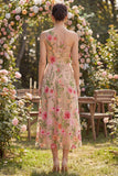 Tulle One Shoulder A-Line Blush Embroidered Floral Midi Dress