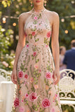 Blush A-Line Embroidered Tulle Halter Neck Long Floral Dress