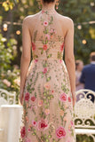 Blush A-Line Embroidered Tulle Halter Neck Long Floral Dress