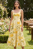 Yellow Square Neck A Line Midi Floral Dress